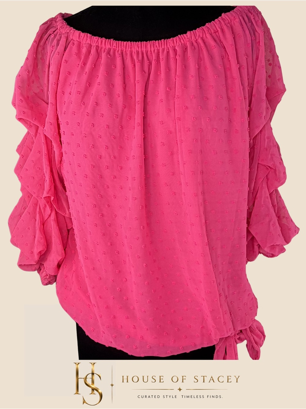 CeCe Hot Pink Swiss Dot Off Shoulder Blouse | Ruffle Sleeve Top | Large